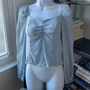 NWT H&M light blue floral puff long sleeve blouse top size S